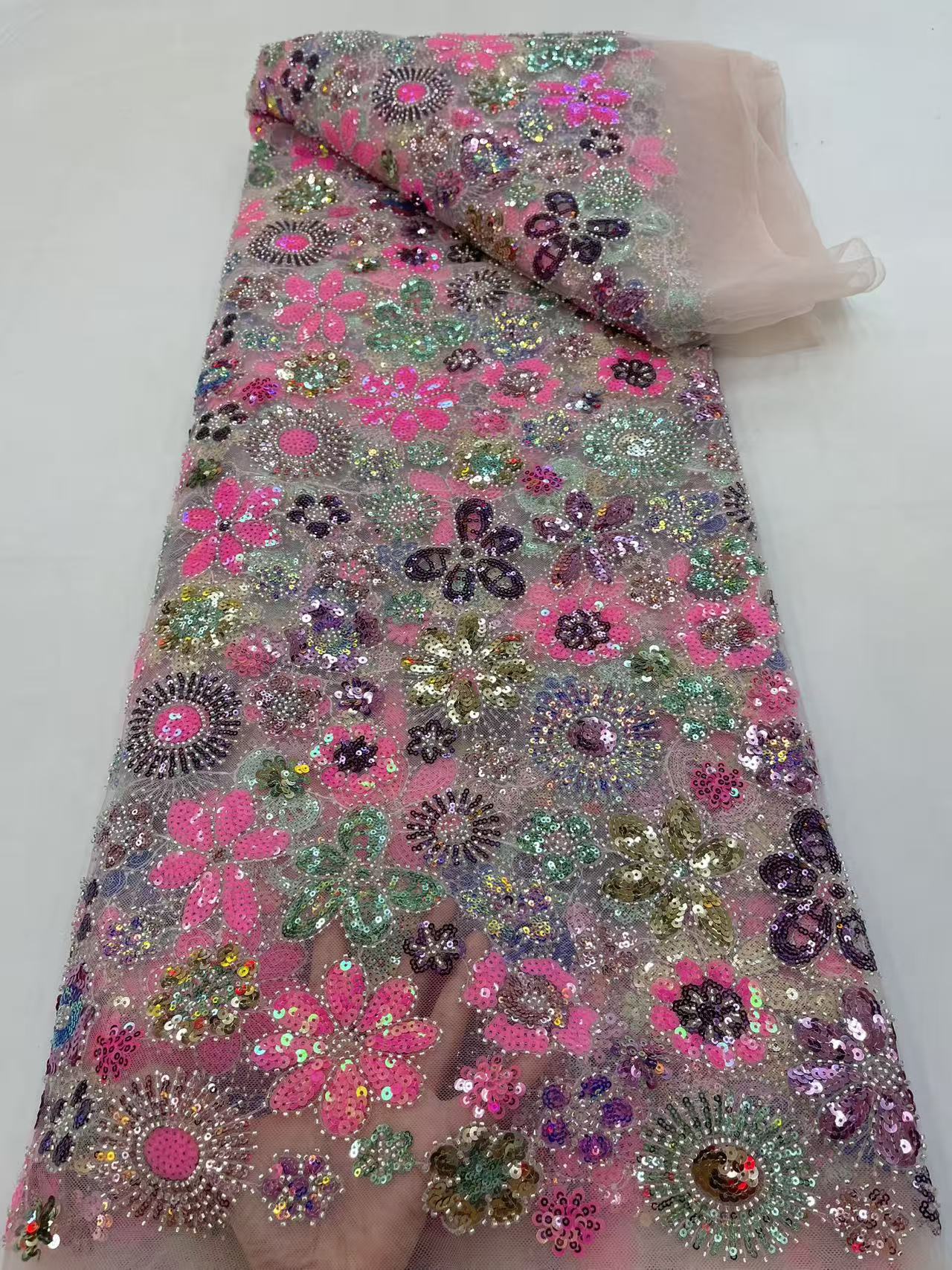 Perles de luxe maille dentelle tissus rose dentelle nigérian africain Tulle 2026 français Tulle perlé Net dentelle pour les femmes robe de soirée M67-1
