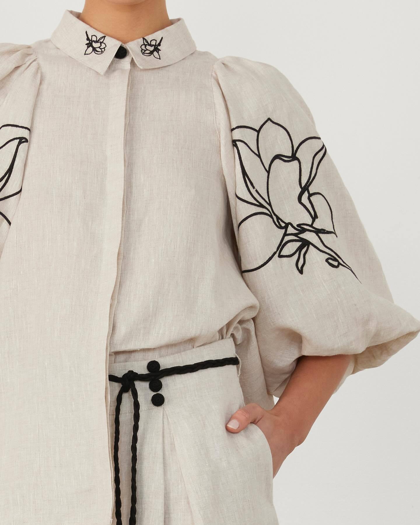 Cotton Linen Women Elegant Two Piece Set Loose Long Sleeve Printed Shirt and High Waist Wide Leg Pants Set Casual Womens Outfits