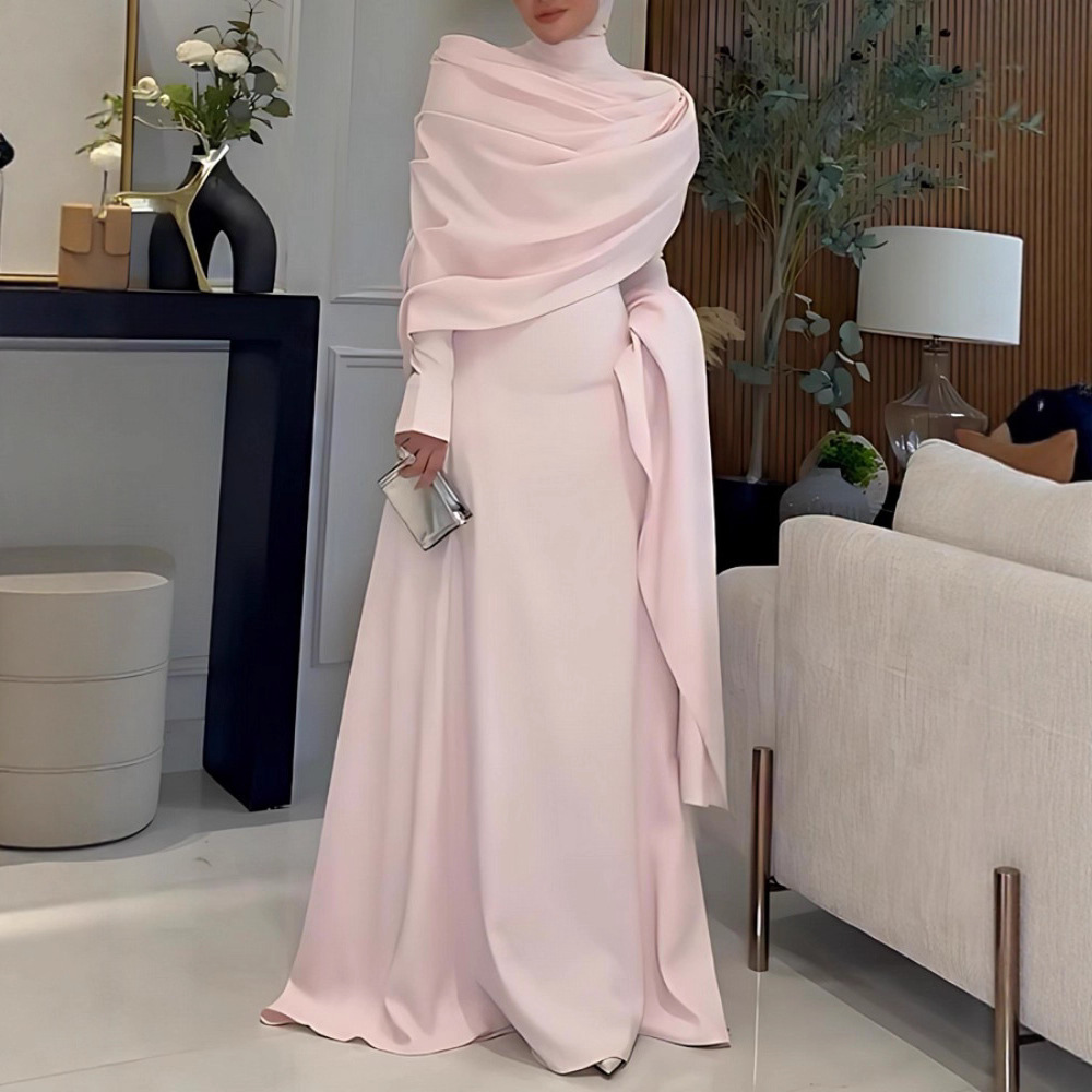 Robe longue moulante à manches longues style châle pour femme, élégante et gracieuse, avec grand ourlet, idéale pour les banquets, les rendez-vous, les trajets quotidiens et les soirées.