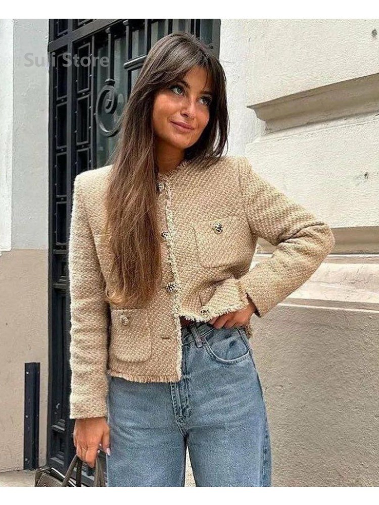 Chic femme Tweed basique veste manteau femmes vêtements laine vêtements d'extérieur à manches longues bouton avant vêtements de dessus pour femmes Chic hauts