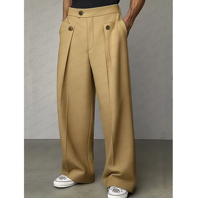 Pantalon de costume décontracté pour homme, mode printemps-automne, plusieurs boutons, taille haute, coupe droite ample, pantalon long uni pour affaires