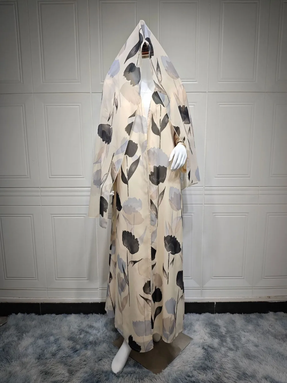 Abaya musulmane en mousseline de soie pour femmes, robe imprimée avec écharpe, cardigan arabe de Dubaï, robes de soirée, robe longue éducative, Eid Jalabiya