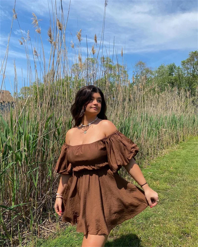 Robe d'été décontractée pour femmes, mode Sexy, couleur unie, élégante, manches courtes bouffantes, épaules dénudées, tunique, marron/blanc
