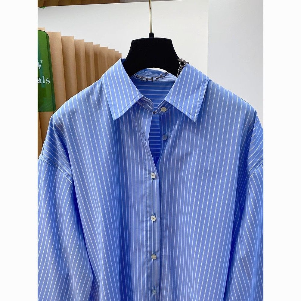 Dentelle Patchwork à manches longues bleu rayé chemise Blusas Femininas Elegantes chemises et chemisiers Camisas De Mujer été