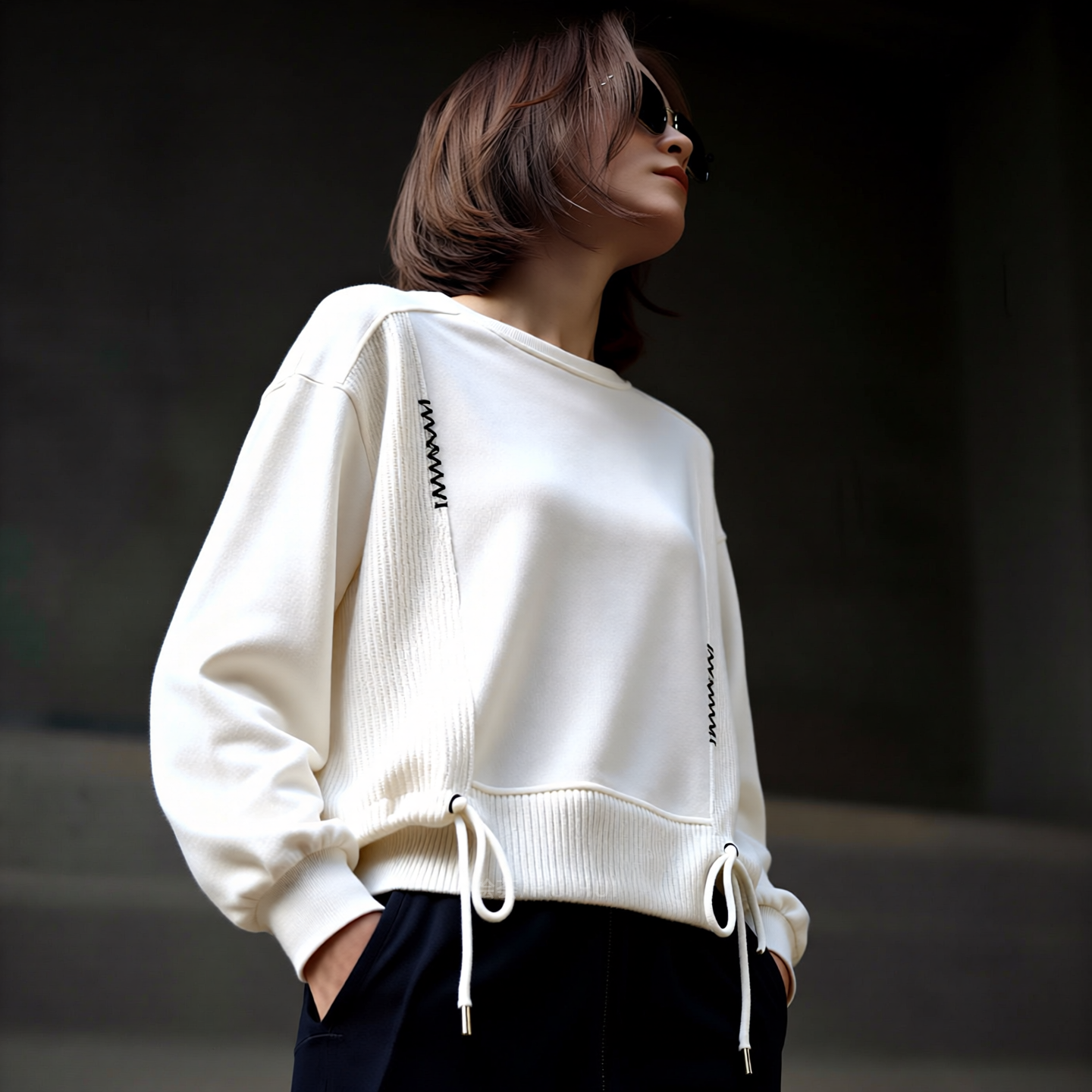 Sweat-shirt à capuche blanc pour femme, manches longues, cordon de serrage, décontracté