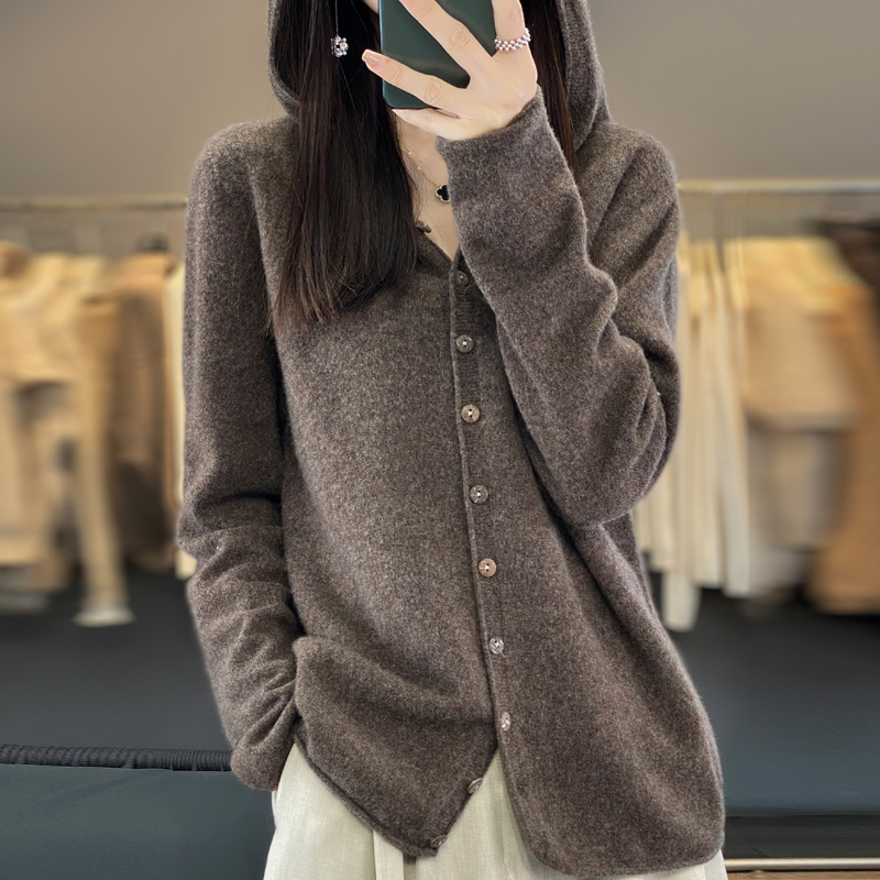 Cardigan à Capuche en Cachemire 100% Laine Mérinos pour Femme, Pull Solide, Tricot Chaud
