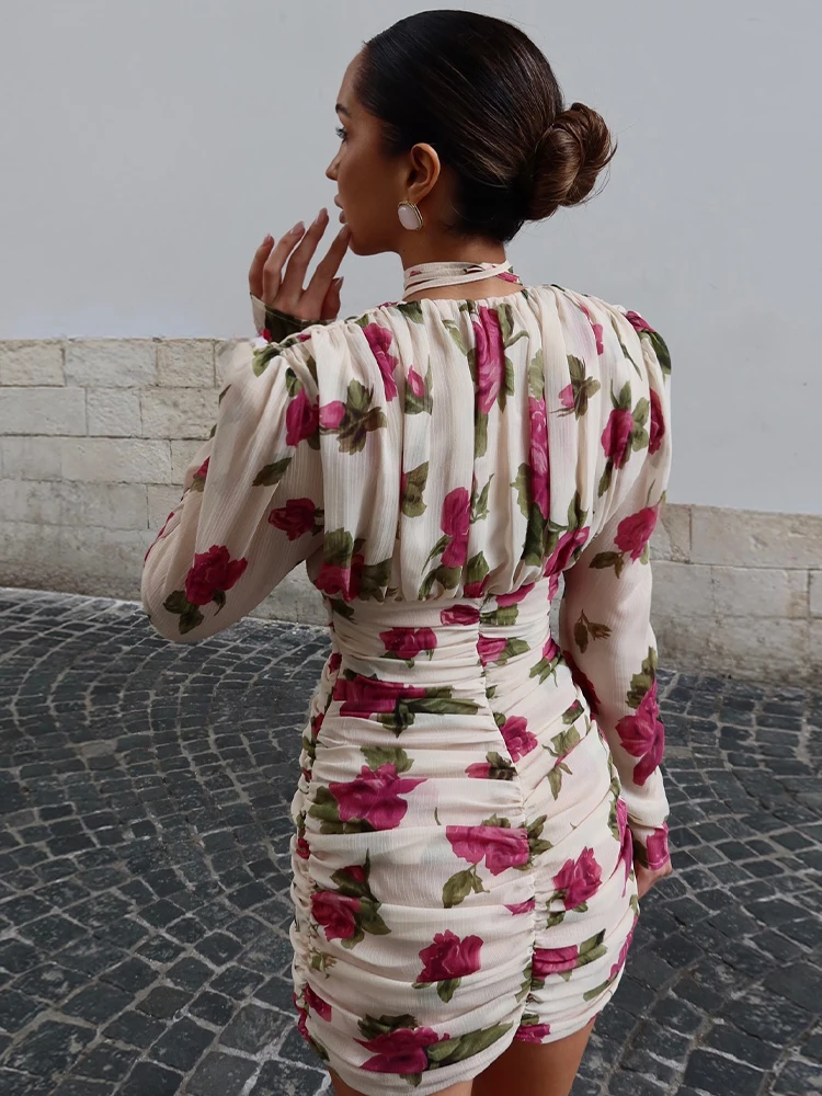 Robe décontractée imprimée fleurs 3D pour femme, manches longues, col en V, plissée, coupe ajustée aux hanches, mini-robe d'été 2026 pour les vacances