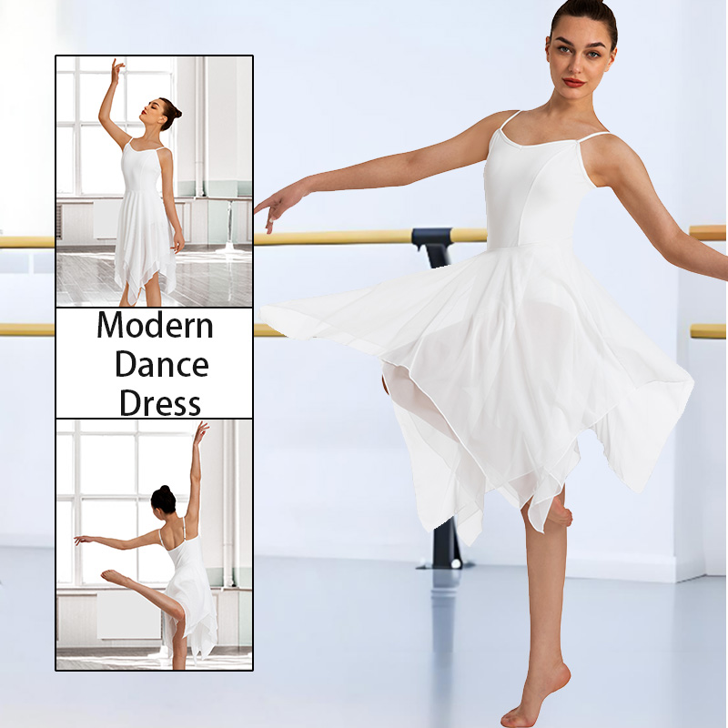 Robe de danse moderne lyrique à manches courtes pour femmes, avec jupe asymétrique en maille haute et basse et doublure douce, robe justaucorps Camisole