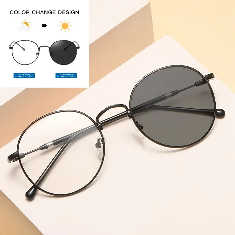 Lunettes photochromiques en métal, monture ronde, Anti lumière bleue, verres plats et transparents universels