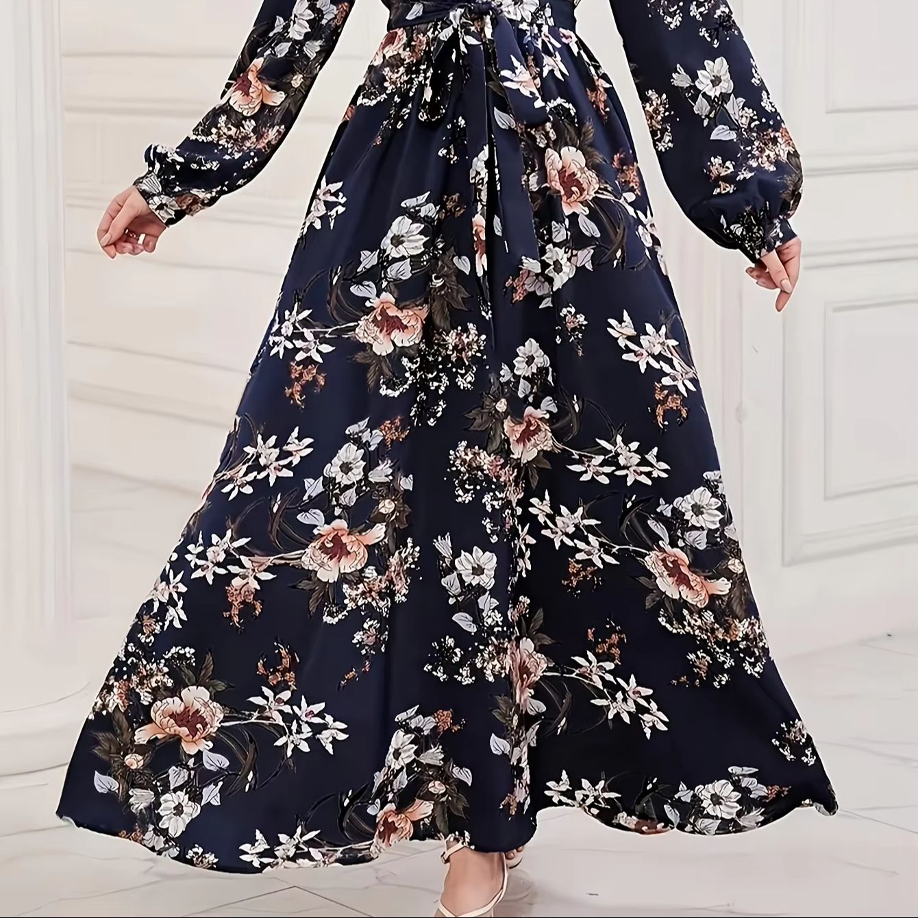 Robe longue ample pour femme, élégante, à imprimé floral, avec ceinture à nouer, col imitation, manches longues, pour le Ramadan