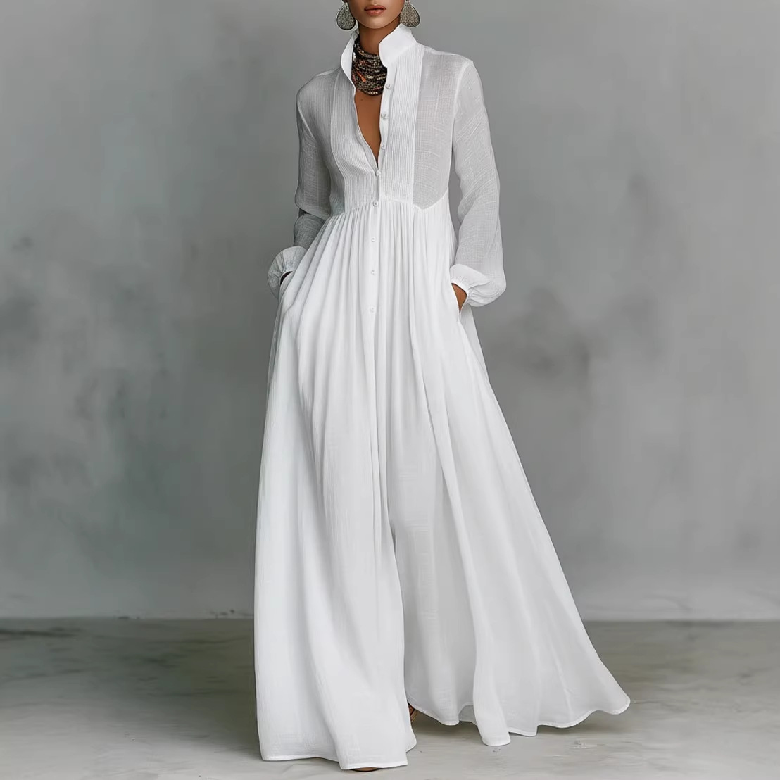 Robe longue élégante pour femmes, automne-hiver 2025, manches longues, robe maxi blanche décontractée