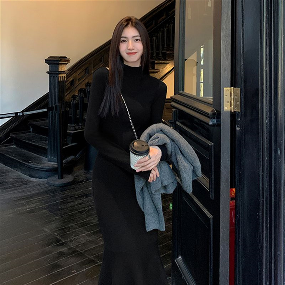 Robe Longue pour Femme, Tenue Vintage Élégante, Slim, Noire, pour Automne et Hiver