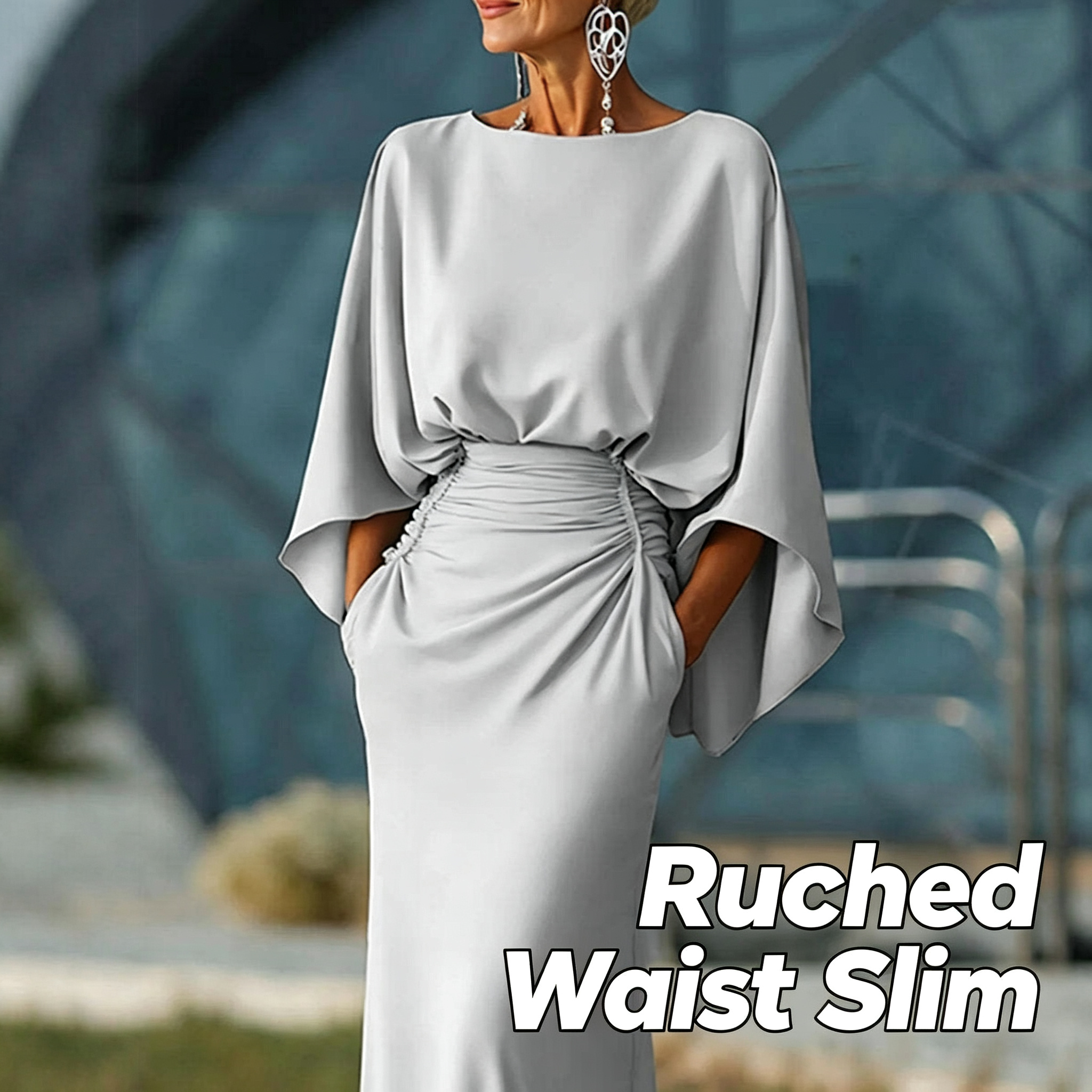 Robe de soirée élégante à manches chauve-souris, dos nu, taille froncée, coupe sirène, longue, formelle, pour invitées de mariage, soirée ou bal de promo, avec poches