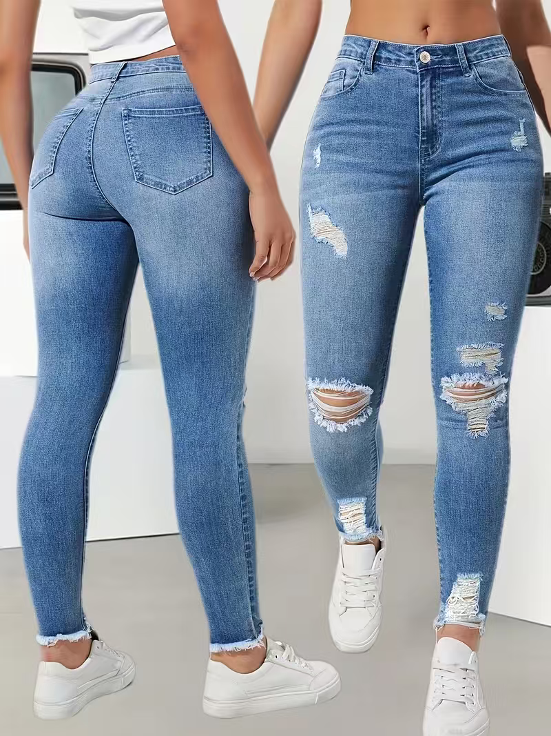 Jeans et pantalons pour femmes, taille haute, déchirés, extensibles, coupe slim, longueur cheville, style européen tendance, confortables