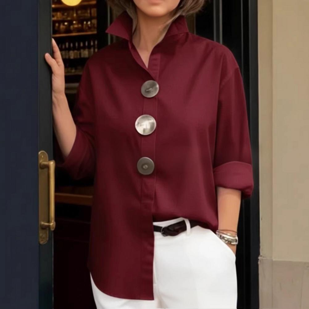 Chemisier d'été pour femme à col revers, manches longues, coupe ample, boutons métalliques, couleur unie, pour le travail, les fêtes et les tenues décontractées