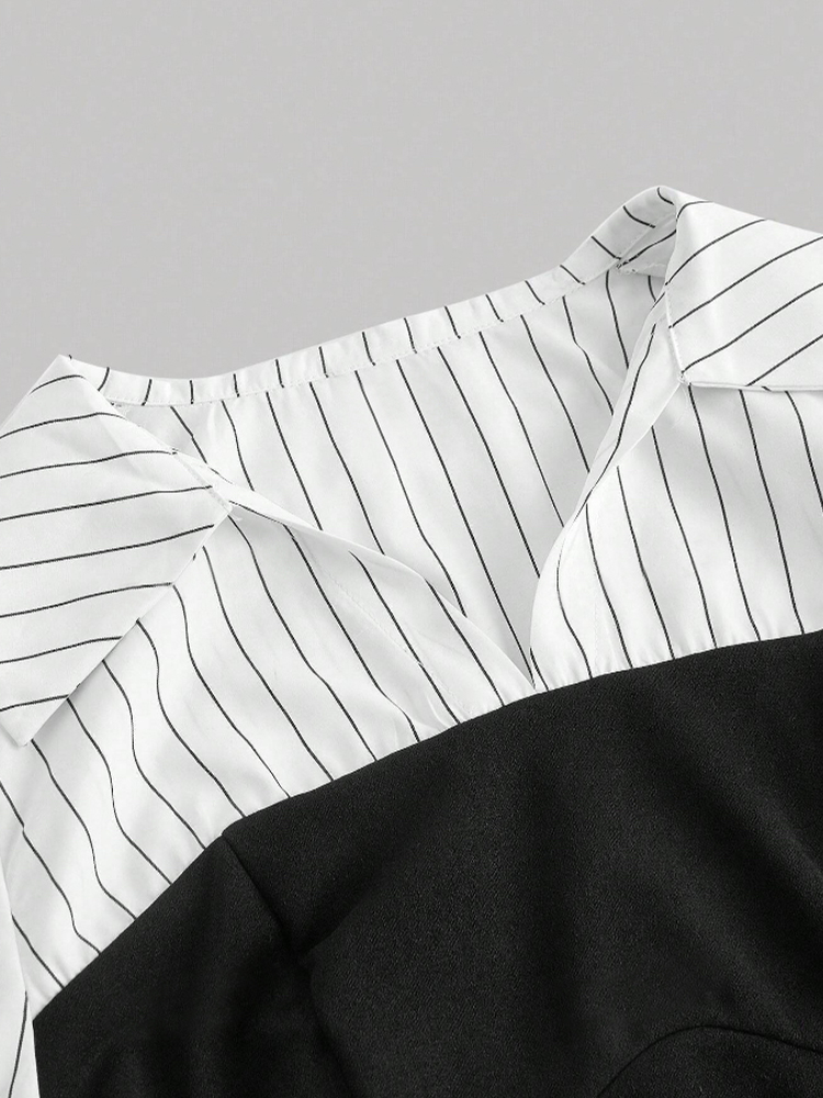 Chemise rayée élégante pour femmes, chemisier de bureau décontracté d'affaires avec revers épissé, chemise de travail cintrée à la mode