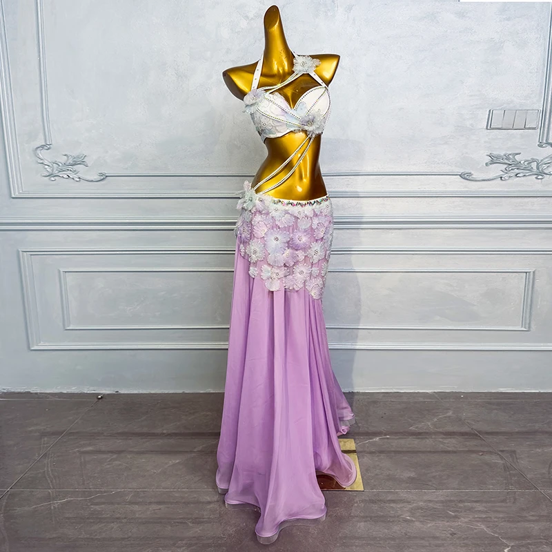 Vêtements de danse du ventre personnalisés pour femmes, dentelle de charbon AB avancée, pompon à paillettes, trempé financièrement, costume de phtalperformance du ventre