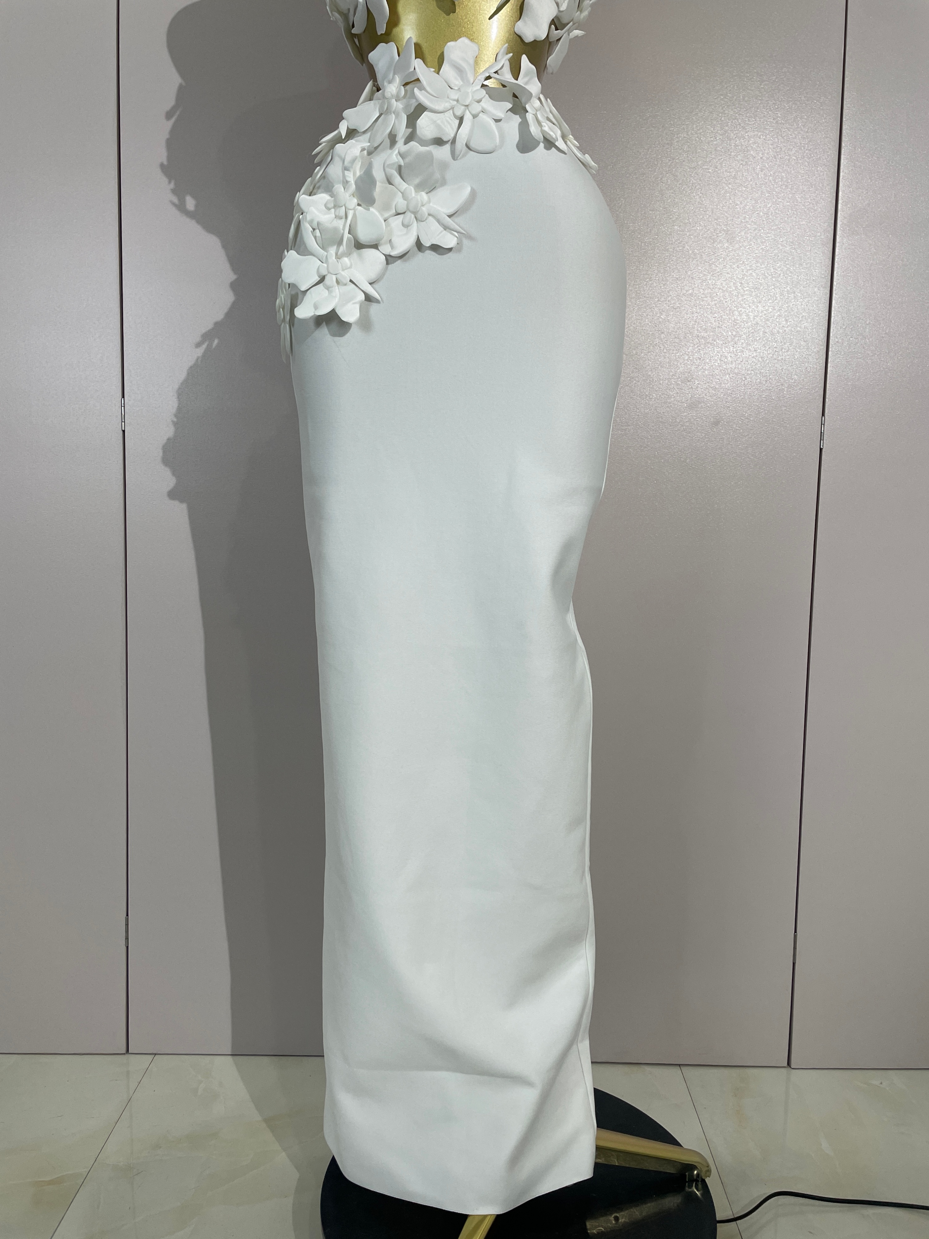 Robe longue moulante blanche à fleurs sexy pour femme, ensemble deux pièces, col en V, pour soirée, bal de promo, boîte de nuit, fête d'anniversaire