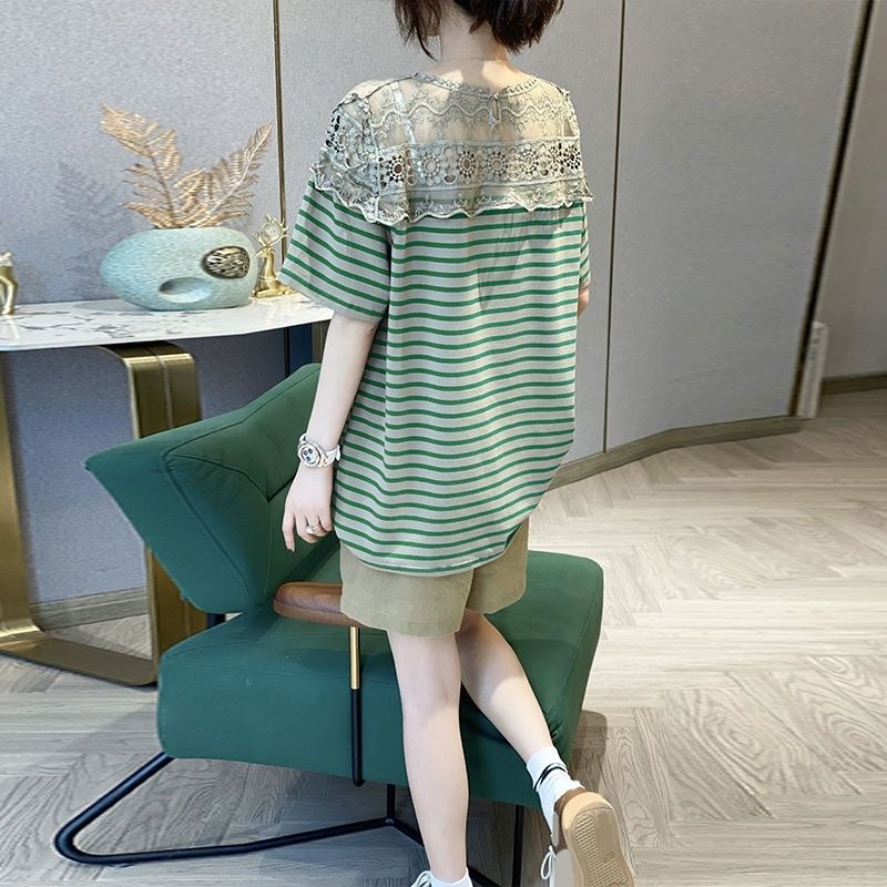 T-shirt à manches courtes en dentelle évidée pour femmes, pulls épissés, vêtements décontractés, t-shirt imprimé rayé, coréen, été, 2023