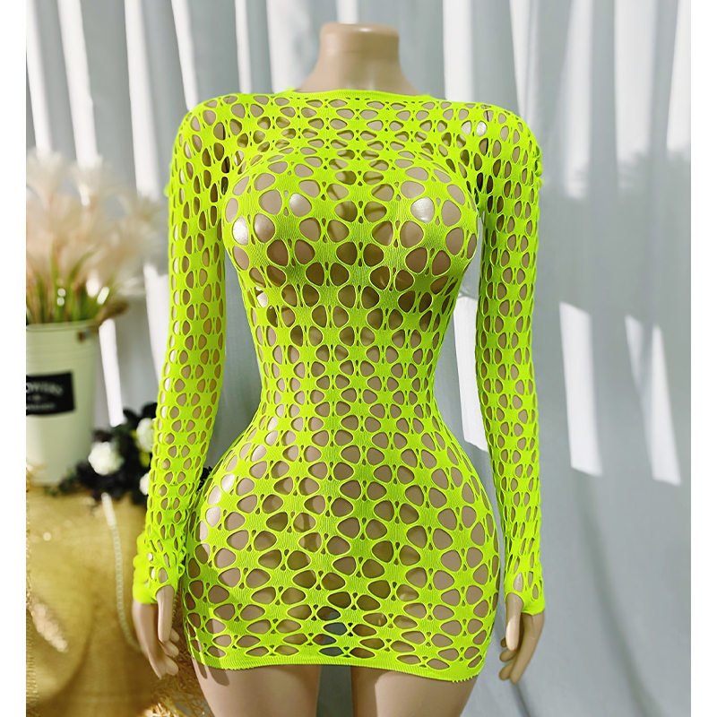 Robe de plage transparente en maille à manches longues pour femme, robe sexy en résille transparente, robe moulante unie pour les fêtes estivales à la plage