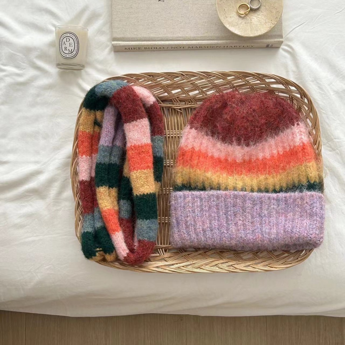 Ensemble de bonnets et écharpe arc-en-ciel rayés pour femmes et hommes, chapeaux Skullis chauds, casquettes Carf résistantes au froid, unisexe, extérieur, hiver, 2 pièces