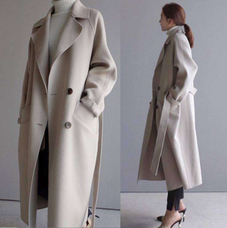 Nouveau Manteau Long en Laine à Double Boutonnage et Col Ample, Style Décontracté Français, Vêtement d'Extérieur Surdimensionné, Chaud pour l'Automne et l'Hiver, Vêtement Quotidien de Rue pour Femmes