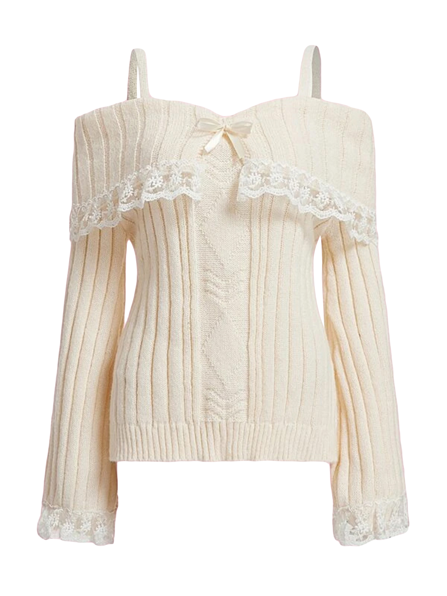 Pulls à épaules dénudées pour femmes, manches longues, garniture en dentelle, tricot, nœud sur le devant, hauts, vêtements d'automne et d'hiver Y2K