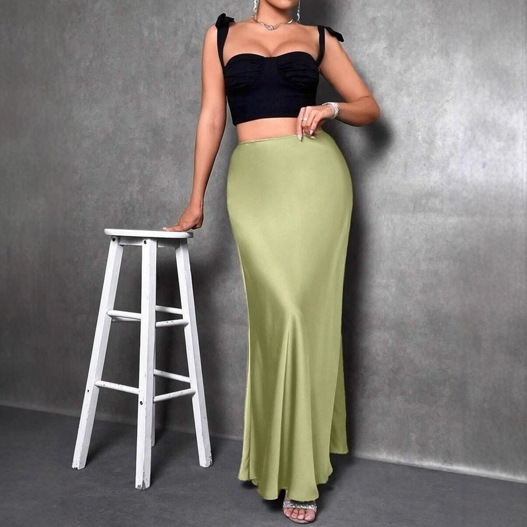 Jupe en satin pour femme, taille haute, élégante, longue, mode été, mi-longue, pour le bureau, style crayon, pour cocktail, fête, mariage