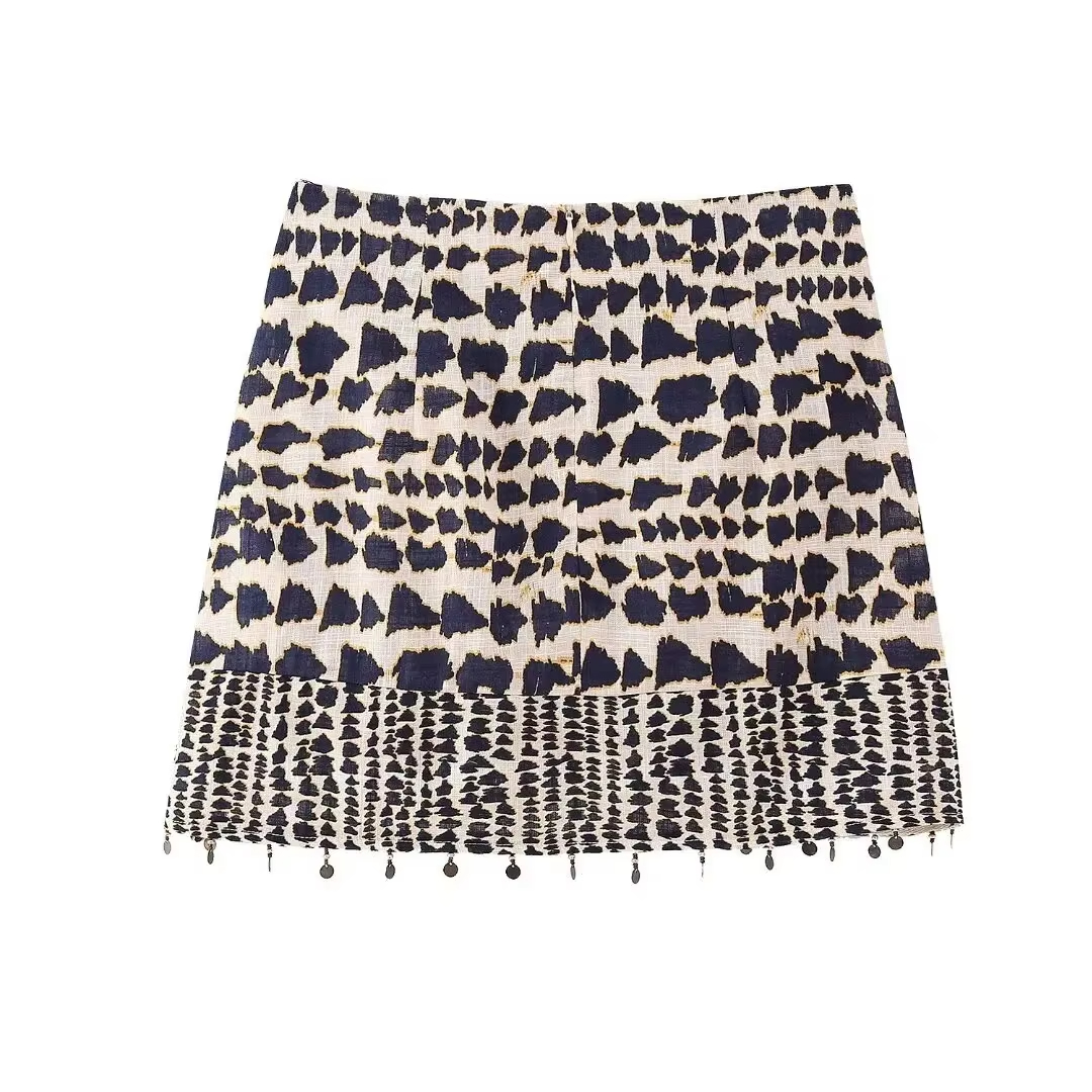 Femmes Vintage imprimé géométrique noué Mini jupe Sarong Faldas Mujer femme perles gland décontracté fermeture éclair robes