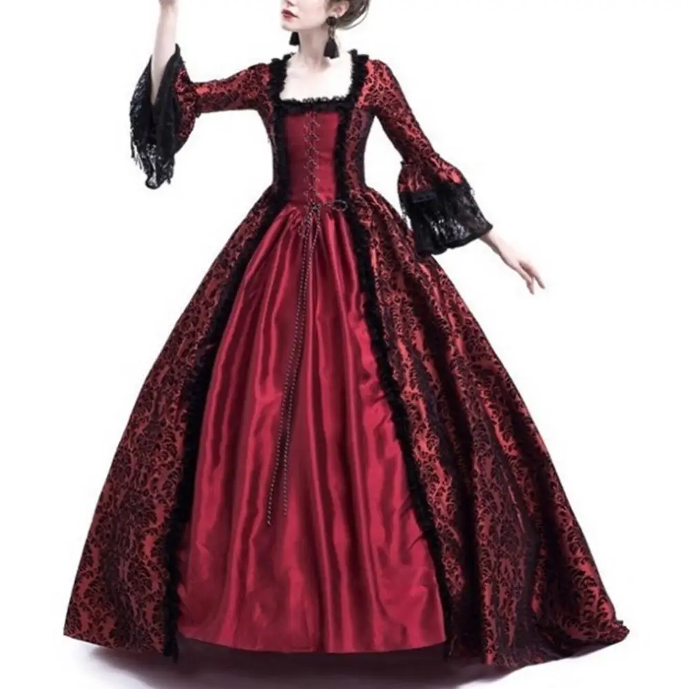 Robe longue vintage médiévale gothique pour femme, col carré, manches évasées, patchwork de dentelle, robe moulante