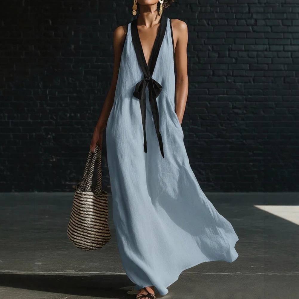 Robe longue maxi sans manches pour femme, col en V profond, color block, fluide et ample, style débardeur, pour l'été, la plage et les vacances, avec poches