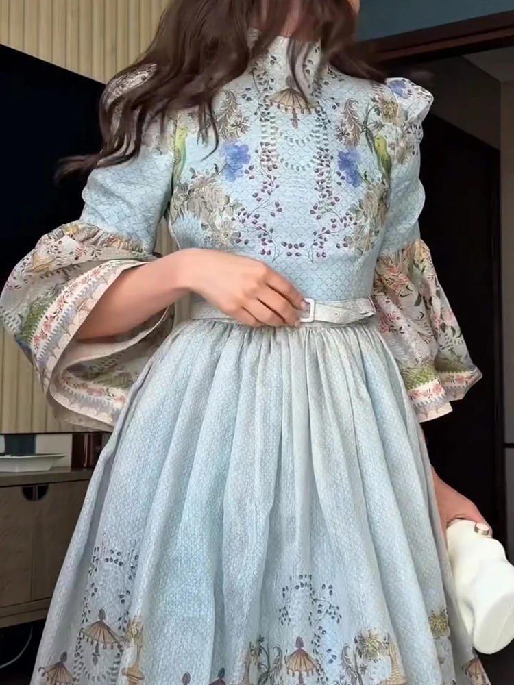 Robe longue élégante pour femme à imprimé floral, col montant boutonné, manches lanternes longues, coupe trapèze, ceinture à la taille, ourlet évasé, style streetwear