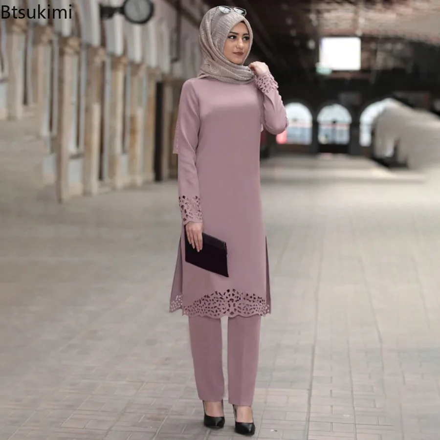 Abaya musulmane pour femmes, ensemble deux pièces ajouré à manches longues et pantalons, vêtements islamiques pour femmes, Kaftan arabe de dubaï, 2026