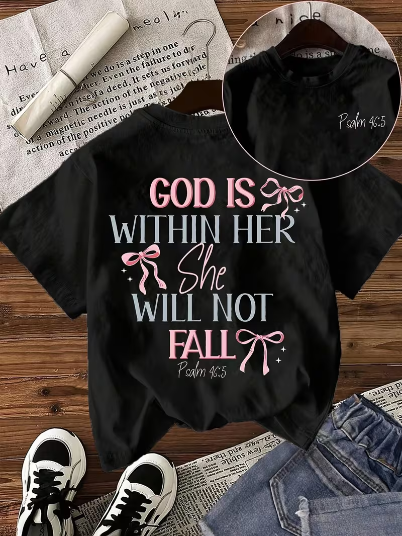 T-shirt imprimé « Dieu est en elle, elle ne tombera pas » Psaume 46:5, design avant et arrière, haut décontracté chrétien Coquette Faith Tee ﻿