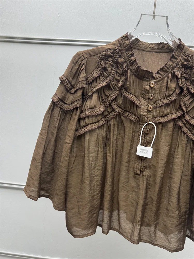 Chemise à manches courtes pour femmes françaises, bordure effilochée, boutons plissés, pull-over, haut ou mini-jupe taille haute en forme de A pour femme