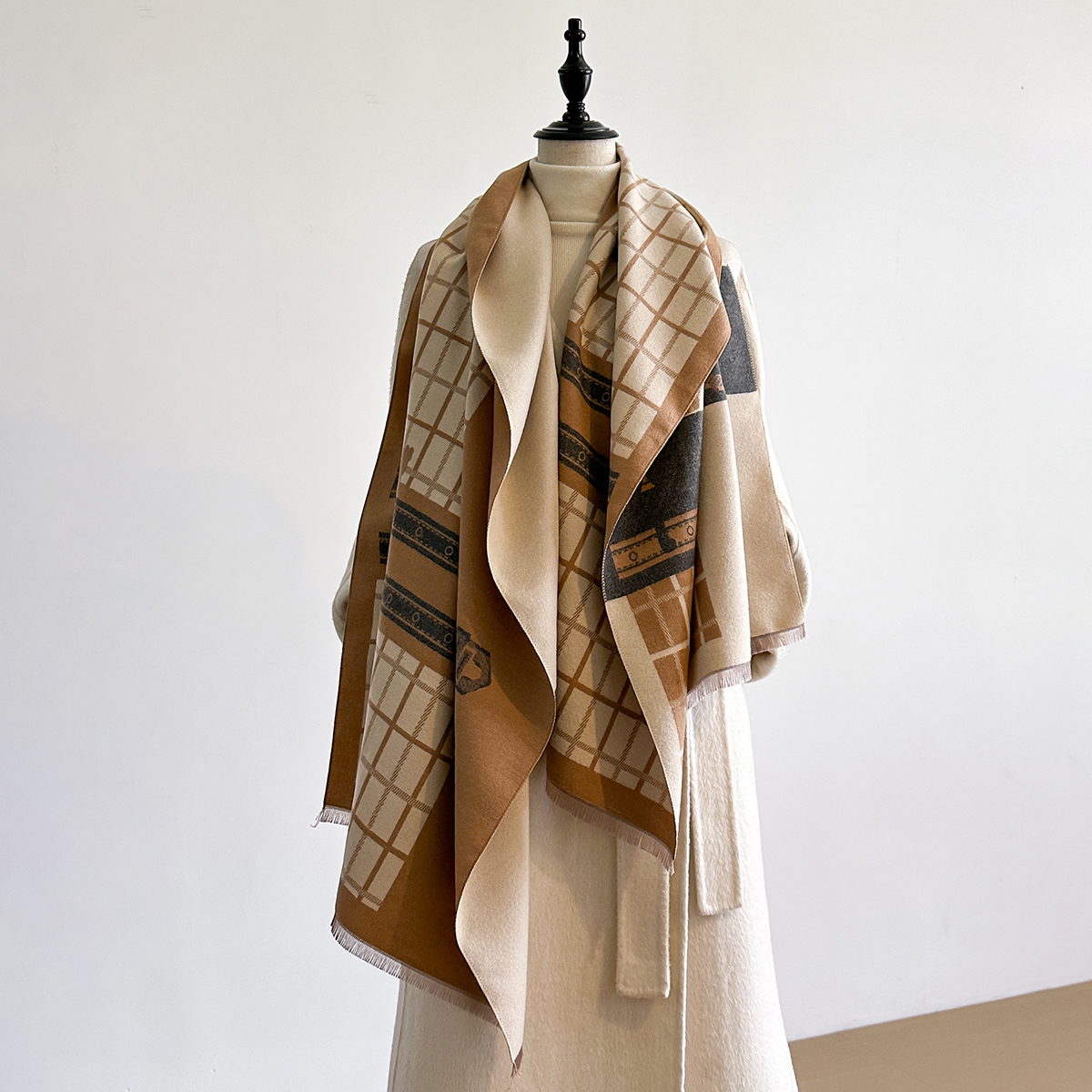 Nouveau luxe cheval imprimé écharpe femmes hiver plus chaud Pashmina foulards double face vérifier châles femme épaisse couverture enveloppes Foulard 2025