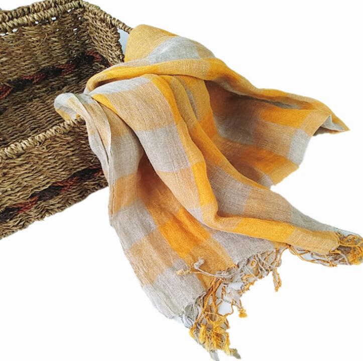 Écharpe jaune à carreaux en lin pour hommes et femmes, pashmina, châles, enveloppes, tête, abonnés, glands, printemps, 100%