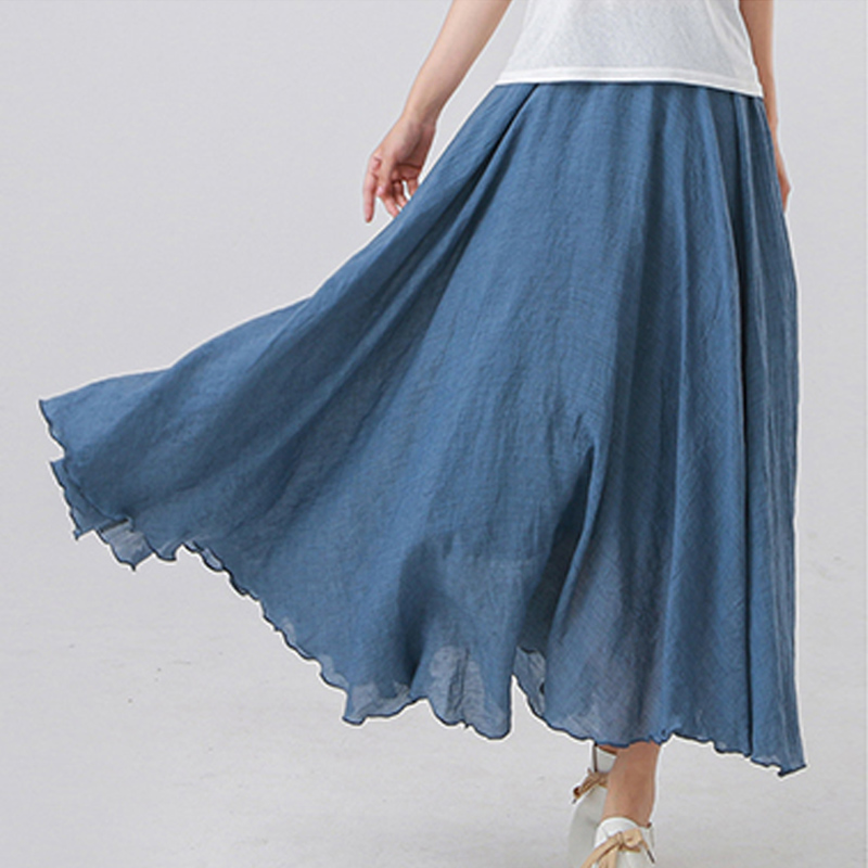 Jupe Maxi en coton et lin pour femmes, tenue de plage décontractée, taille haute, plissée, ligne a, style Boho