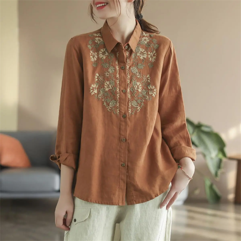 Chemisiers Rétro pour Femmes, Chemise Nationale en Coton et Lin, Blouse Ample Brodé à Col Revers, Cardigan à Manches Longues, Hauts Féminins