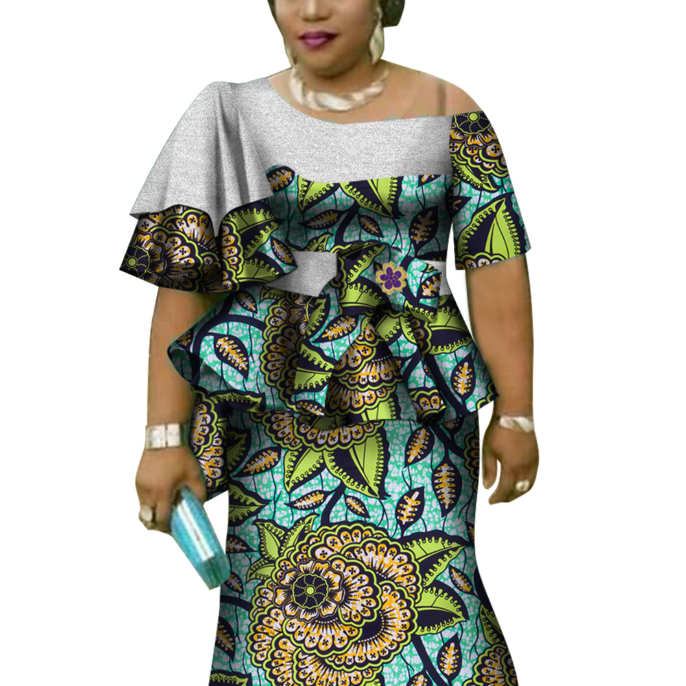 Ensembles hauts et jupe imprimés à manches à volants africains pour femmes Bazin Riche vêtements africains 2 pièces ensembles de jupes personnalisés WY4392