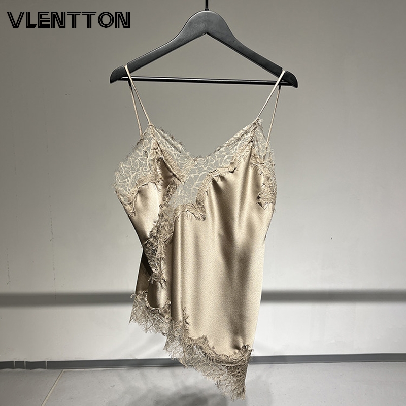 Camisole en satin et dentelle pour femme, bretelles spaghetti, ourlet asymétrique, débardeur sexy et élégant de haute qualité, haut sans manches d'été
