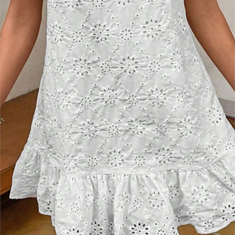 Robe mi-longue brodée à col rond pour femmes, haut précieux à volants, robes Boho, blanc élégant, vacances à la plage, mode estivale
