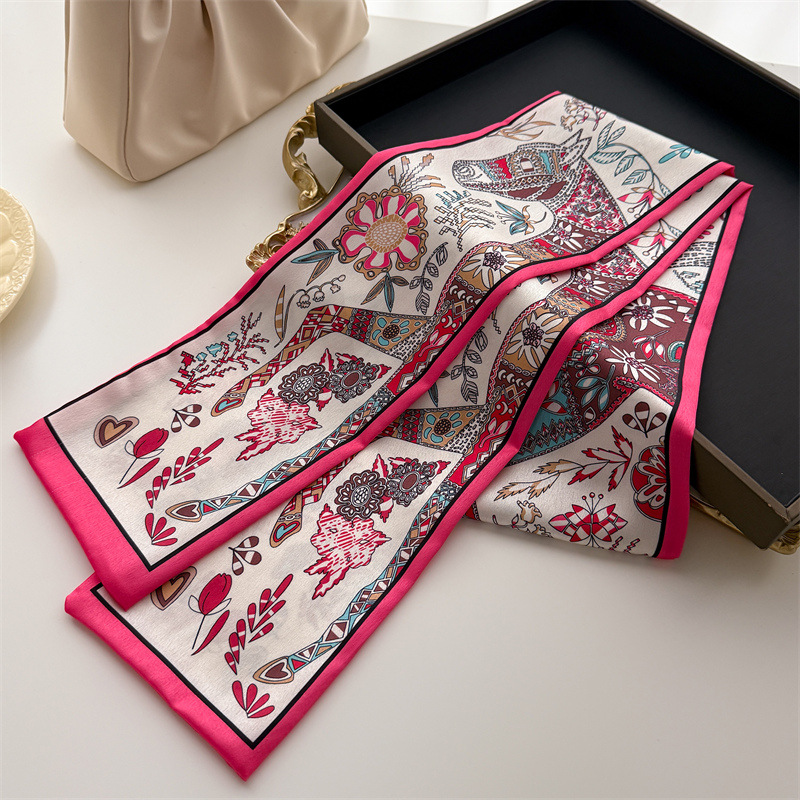 Écharpe luxueuse à double couche avec pompons, décoration à nouer, cravate assortie, petit bandeau, foulard en soie, imprimé pour femme