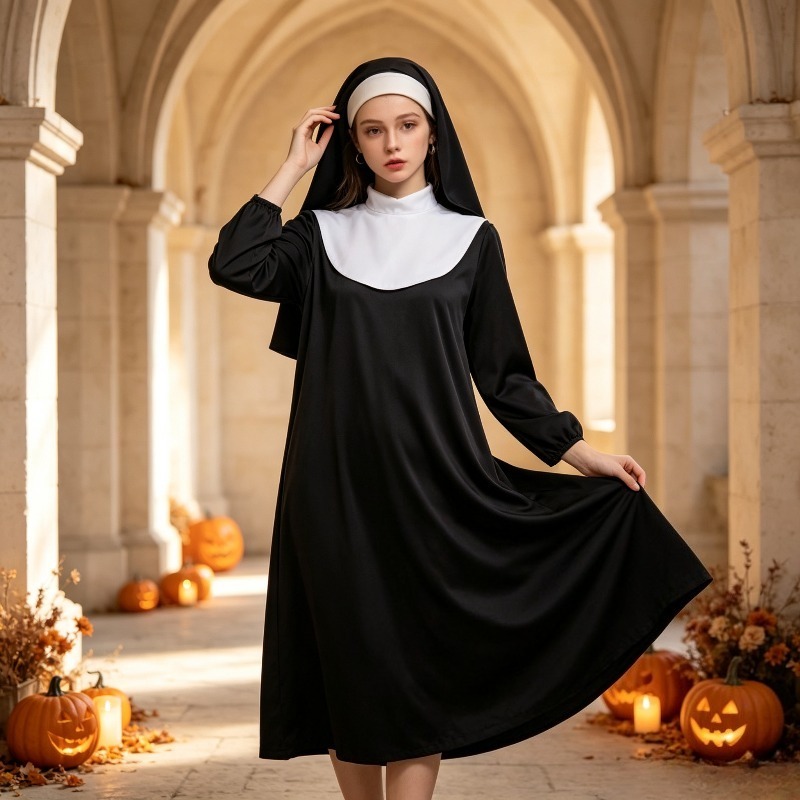Robes de nonne noires religieuses pour femmes adultes, costumes de jeu de rôle, costumes de fête d'Halloween et de carnaval