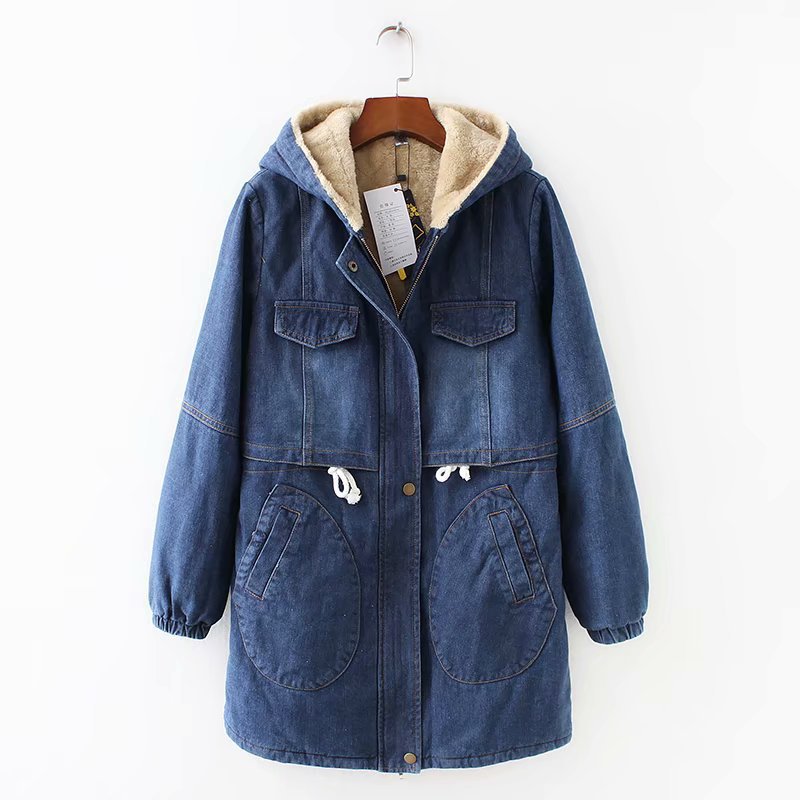 Nouveau aux femmes Jean Veste L'hiver Mode Chaud Épaissir Plus Velours Coton Parkas Manteau Lâche Encapuchonné Longue Hauts Manteau Vêtements d'extérieur Femelle