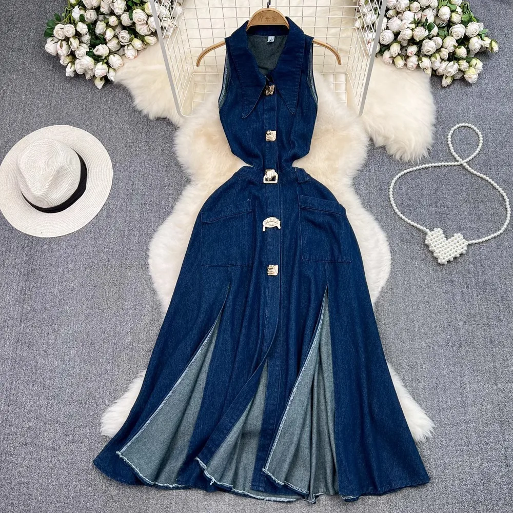 Robe en jean évidée à col rabattu pour femmes, robes longues en denim, taille haute, mince, simple boutonnage, éducatif, club de fête