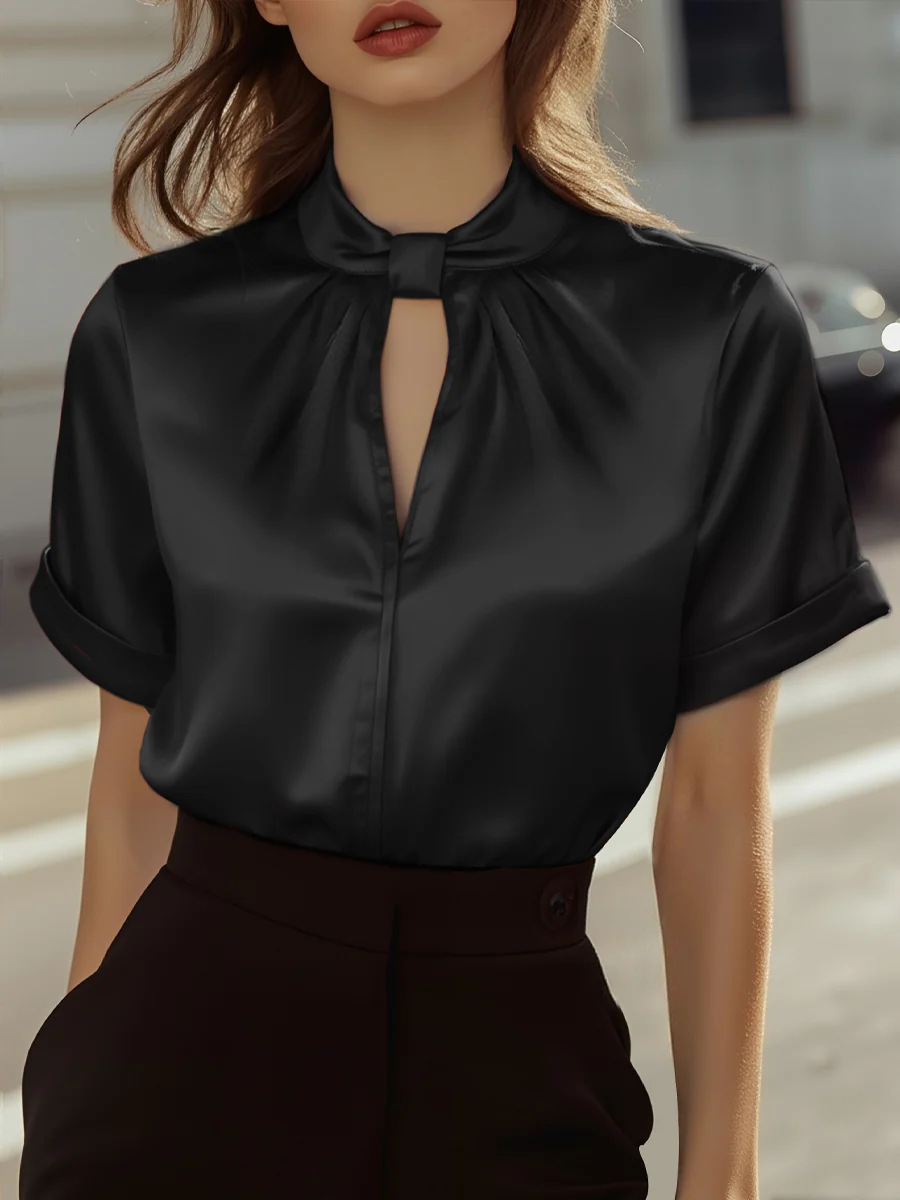Chemisiers et Blouses pour Femmes – Nouveauté Tendance : Blouse Élégante en Satin à Col Rond et Manches Courtes, Idéale pour l'Été et le Bureau