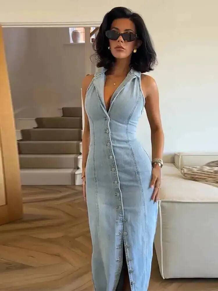 Robe longue en jean pour femme, style cowboy, sans manches, boutonnage simple, fente avant, collection été 2026, mode décontractée féminine IG8