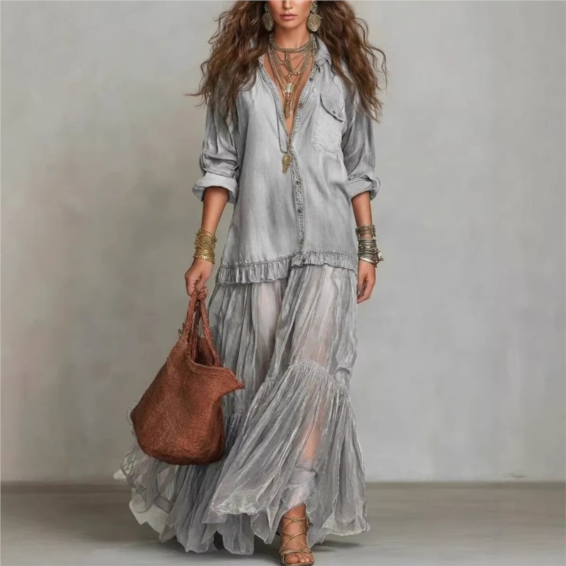Nouvelle Robe Longue Décontractée et Élégante pour Femme en Imitation Jean avec Empiècements en Maille, Manches Longues, Col en V et Ourlet en Organza, Fermeture Simple Boutonnage, Collection Automne