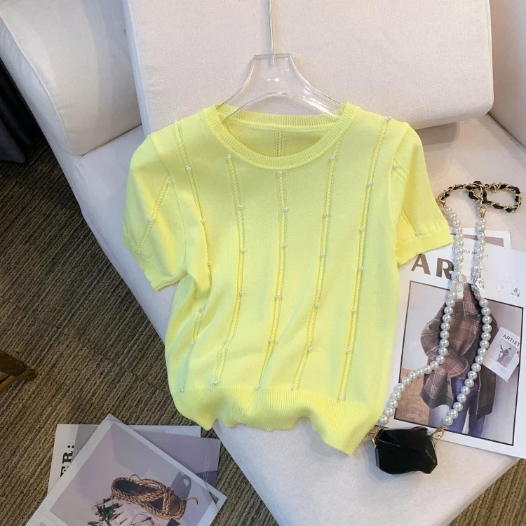 Haut en tricot ajouré à perles roses pour femmes, col rond, manches bouffantes, coupe ajustée, décontracté, élégant, style coréen, pour toutes les saisons.